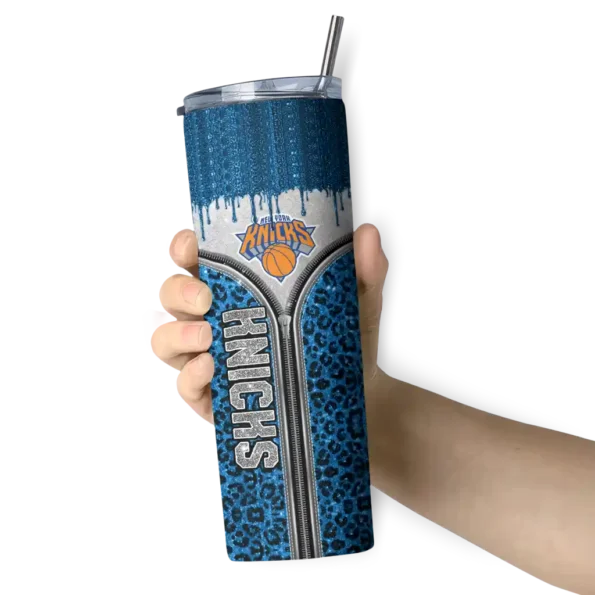 personalized new york knicks sparkle drip blue skinny tumbler premium grade.webp