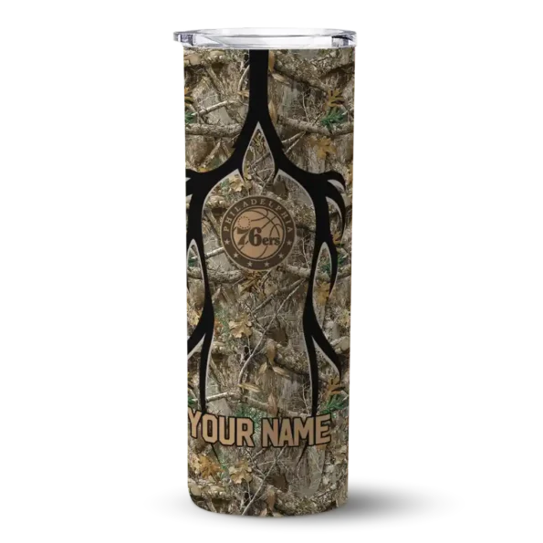 personalized philadelphia 76ers antler flow camo skinny tumbler best selling.webp
