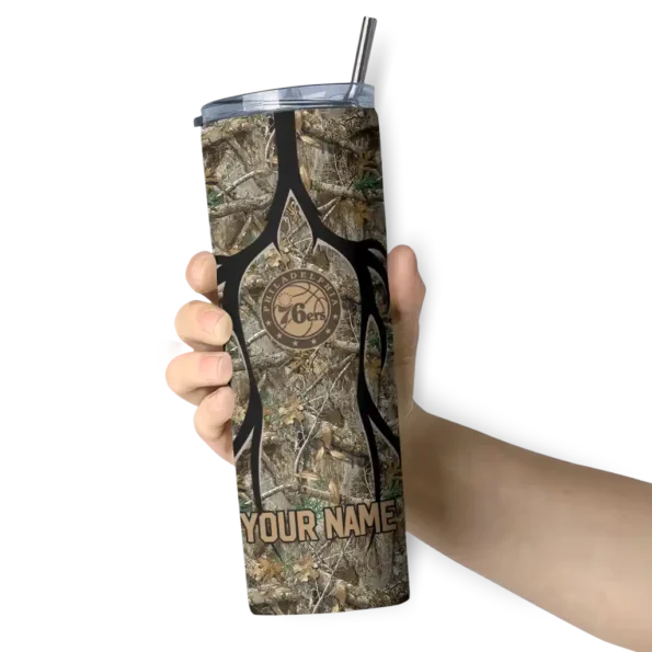 personalized philadelphia 76ers antler flow camo skinny tumbler premium grade.webp