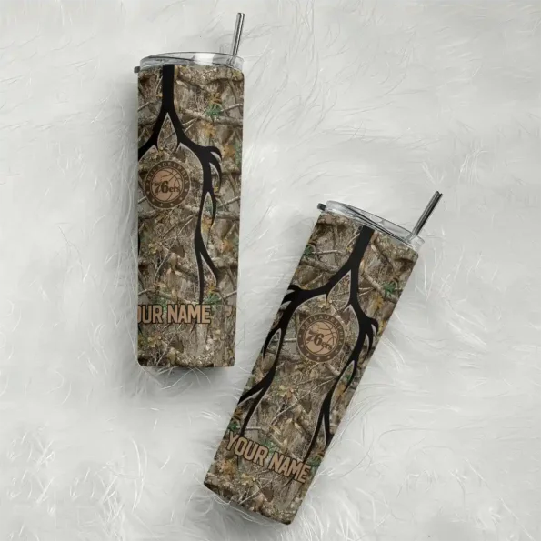 personalized philadelphia 76ers antler flow camo skinny tumbler top rated.webp
