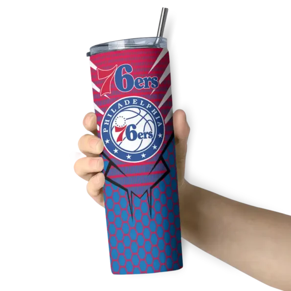 personalized philadelphia 76ers chevron stripes blue skinny tumbler premium grade.webp