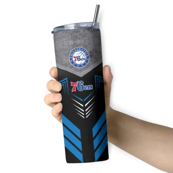 personalized philadelphia 76ers hexagon honeycomb blue black skinny tumbler premium grade.webp