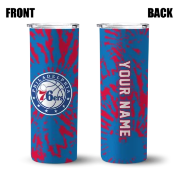 personalized philadelphia 76ers metallic grid blue skinny tumbler fashion forward.webp