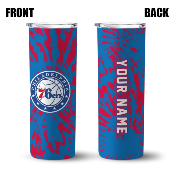 personalized philadelphia 76ers metallic grid blue skinny tumbler fashion forward.webp
