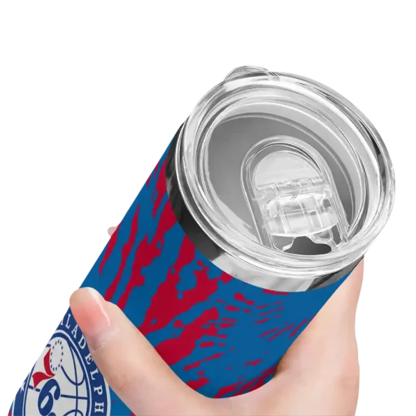 personalized philadelphia 76ers metallic grid blue skinny tumbler high quality.webp