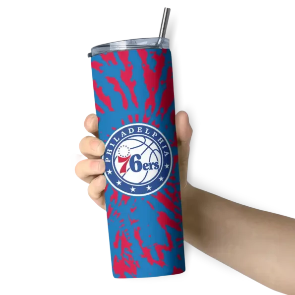 personalized philadelphia 76ers metallic grid blue skinny tumbler premium grade.webp