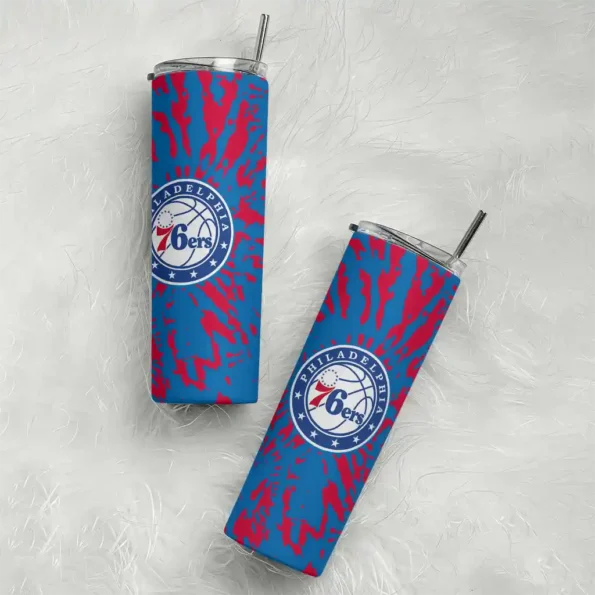personalized philadelphia 76ers metallic grid blue skinny tumbler top rated.webp