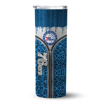personalized philadelphia 76ers sparkle drip blue skinny tumbler best selling.webp