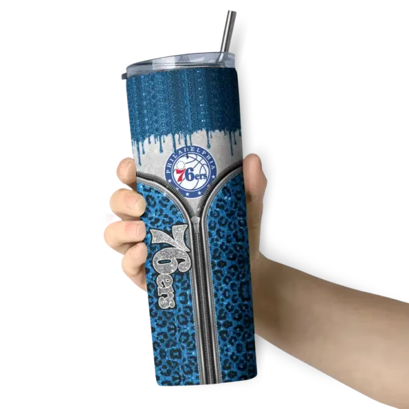 personalized philadelphia 76ers sparkle drip blue skinny tumbler premium grade.webp