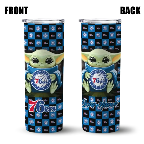 personalized philadelphia 76ers yoda cozy blue black skinny tumbler fashion forward.webp
