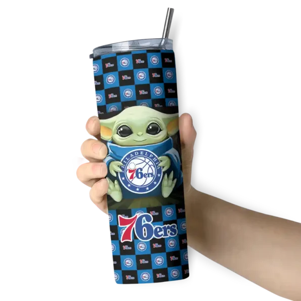 personalized philadelphia 76ers yoda cozy blue black skinny tumbler premium grade.webp
