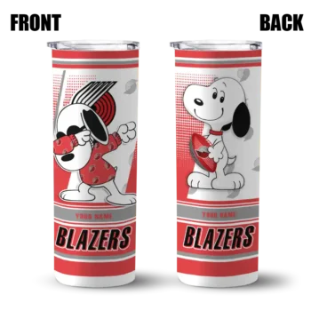 personalized portland trail blazers snoopy dog red white skinny tumbler fashion forward.webp