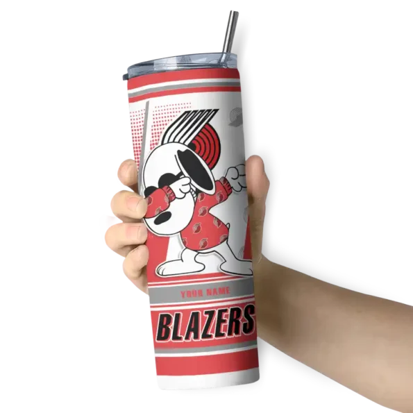 personalized portland trail blazers snoopy dog red white skinny tumbler premium grade 1.webp