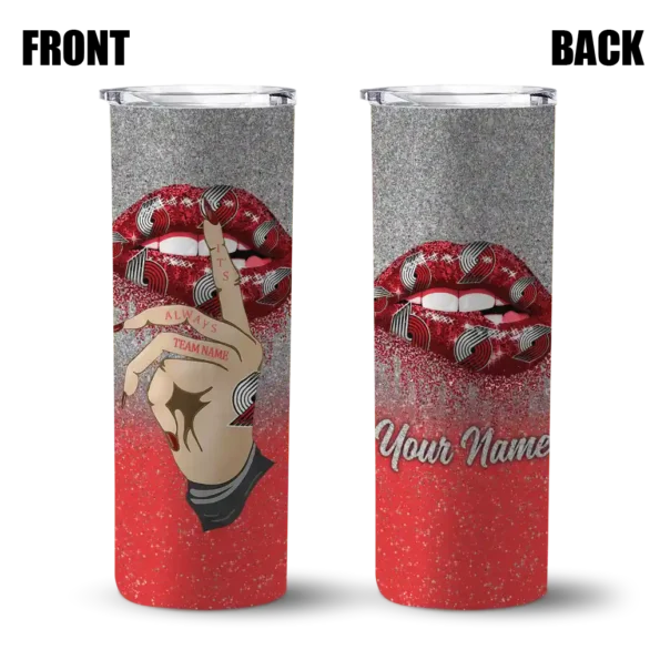 personalized portland trail blazers sparkle lips red skinny tumbler fashion forward.webp