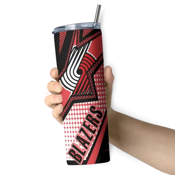 personalized portland trail blazers web stripes red white skinny tumbler premium grade.webp
