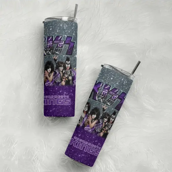 personalized sacramento kings kiss band grey skinny tumbler top rated.webp