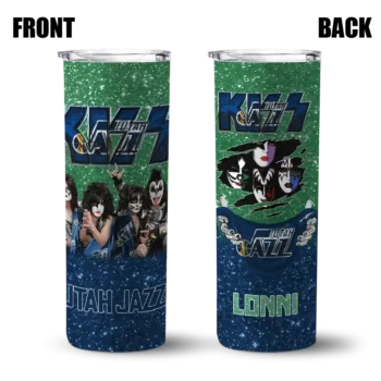 personalized utah jazz kiss band green skinny tumbler fashion forward.webp