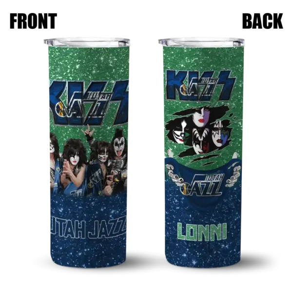 personalized utah jazz kiss band green skinny tumbler fashion forward.webp