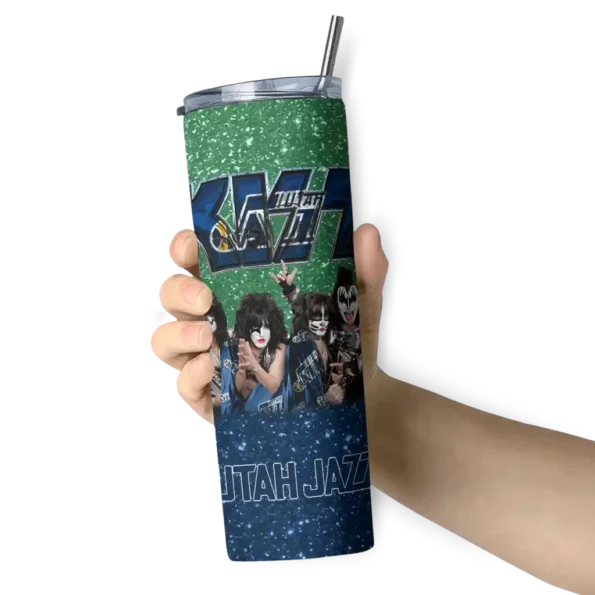 personalized utah jazz kiss band green skinny tumbler premium grade.webp