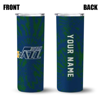 personalized utah jazz metallic grid navy skinny tumbler fashion forward.webp