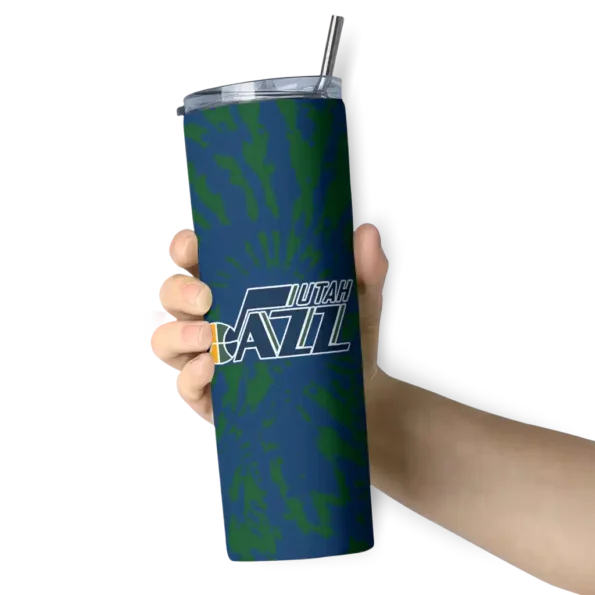 personalized utah jazz metallic grid navy skinny tumbler premium grade.webp