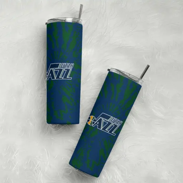 personalized utah jazz metallic grid navy skinny tumbler top rated.webp