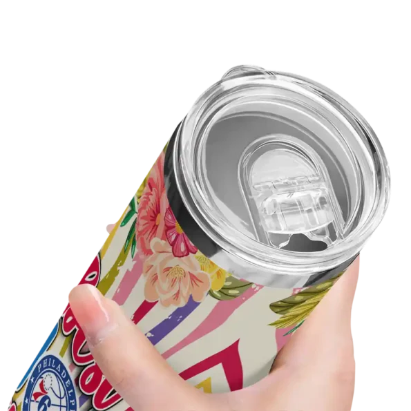 philadelphia 76ers flower cluster skinny tumbler high quality.webp