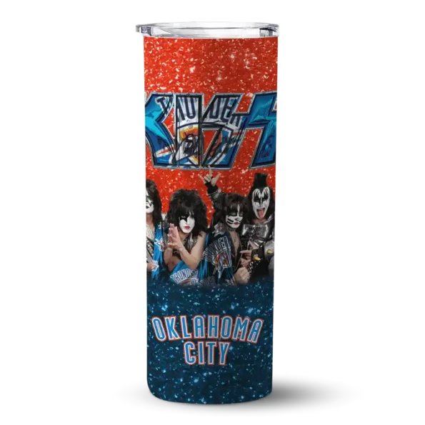 custom oklahoma city thunder kiss band orange skinny tumbler best selling 1.webp