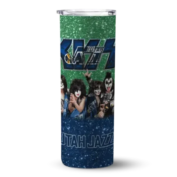 personalized utah jazz kiss band green skinny tumbler best selling 1.webp