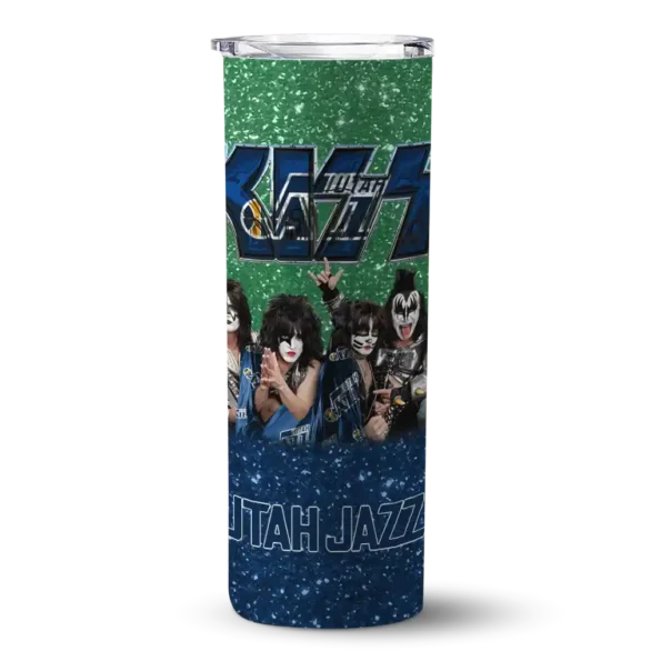 personalized utah jazz kiss band green skinny tumbler best selling 1.webp